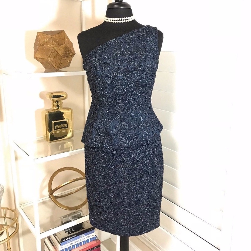 Carmen Marc Valvo One Shoulder Lace Dress, Navy